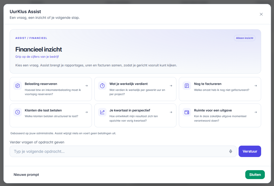 De zes financiële vragen in UurKlus Assist