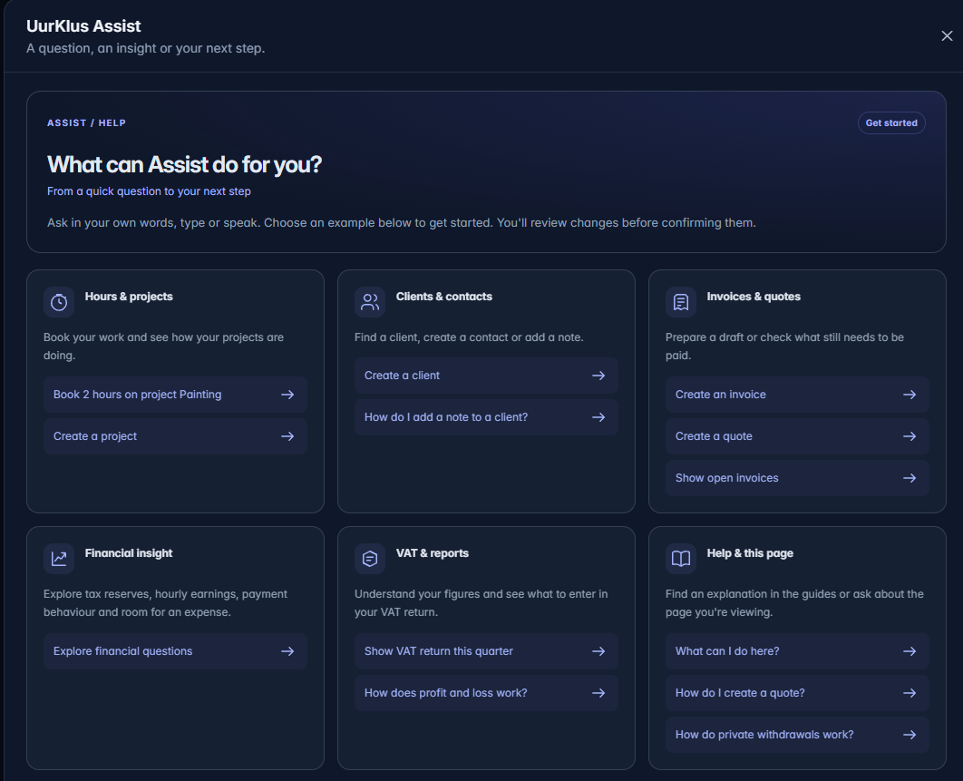 Help with clickable command and question examples, shown in Dutch