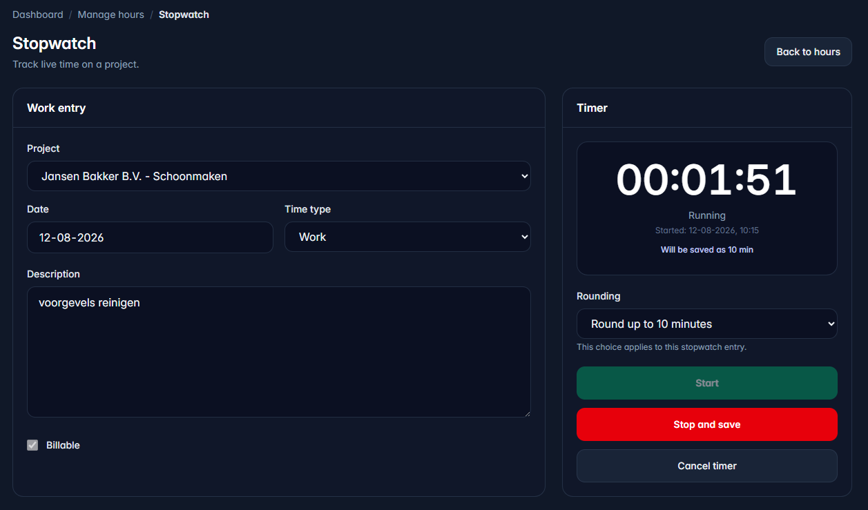 Stopwatch page for time tracking in UurKlus
